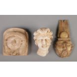 Three pieces of carved sculpture work, to include 'Goddess of Hathor' and male bust. Chip to the