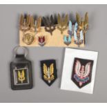 A collection of Special Air Service military cap badges, pins and patches.