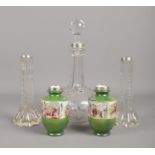 A small collection of white metal mounted items; including glass decanter assayed for Sheffield,