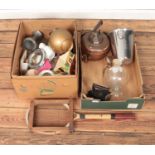Two boxes of miscellaneous to include copper kettle, ceramics, glassware, silver plated cutlery,