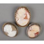 Three cameo brooches with yellow metal mounts, portraits of maidens.