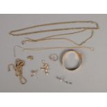 A collection of mostly gold plated jewellery include a single 14ct white gold drop earring.