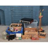 Four boxes of assorted miscellaneous, to include turntable, Quad Accoustics tuner, cased flatware,