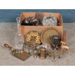 A box of assorted metalwares, to include silver collared decanter, novelty postbox, silver plate and