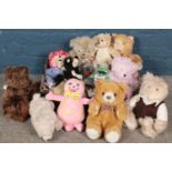 A box of soft toys. Includes two Giorgio Beverly Hills bears, etc.