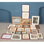 A large quantity of pictures and prints. Includes wooden carved plaque depicting a fisherman, pair