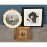 A collection of pictures and prints including circular gilt framed engraving titled 'A Flying Leap',