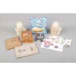 A quantity of collectables including Beatles memorabilia, Churchill busts, cigarette cards, etc.