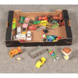 A box of assorted diecast vehicles and miscellaneous toys including Matchbox, Corgi, Dinky, etc.