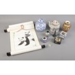 A collection of oriental items to include satsuma vase, papier mache box, Cloisonne, blue and