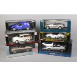 Six boxed 1/18 scale diecast cars including Sunstar Mercedes Benz 220SE, Anso Porsche 911, Auto