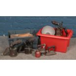 Two boxes of vintage tools and metalwares, to include Veritas blow torch, irons and boxed mincer.