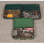 Three Suga tool boxes and contents including spanners, die taps, etc.