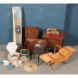 A quantity of sewing equipment and knitting. Includes workboxes, Bond Classics knitting machine,