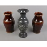 Dark marble etched vase with 2 other brown glazed pots.