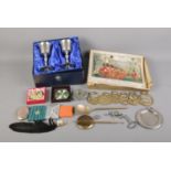 A quantity of collectables to include compacts, horse brasses, duck pin tray, commemorative pewter