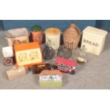 A quantity of kitchenalia. Includes breadbins, salter scales, terracotta potato pot, tins, etc.