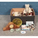 A box of assorted items, to include mantle clock, Poole plate, Wedgwood trinket dishes, ephemera and