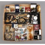 A large tray of assorted costume jewellery, to include sunglasses, hatpins, earrings, gate
