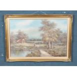 A gilt framed oils on canvas one depicting cottage by a river, signed Baillie to lower right.