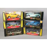 Six boxed Burago 1/18 scale diecast cars including Jaguar E Coupe, Lamborghini Diablo, Chevrolet