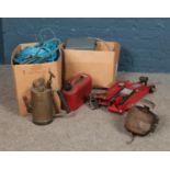 A quantity of assorted items to include Test Rite car jack, box of rope/twine, Monitor Paraffin