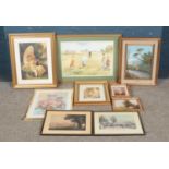 A large collection of framed pictures and prints, to include coloured engravings, golfing print