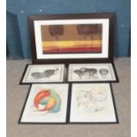 Five framed prints including large Autumn Sunset, Ann Marie Enngan, The Siberian, etc.