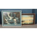 Two large mounted prints depicting fishing scene and horses drinking at a waterfall. Largest approx.