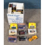 A box of mostly boxed diecast vehicles including Shell Collection, DC Batmobile, Corgi Classic
