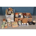 Three boxes of miscellaneous. Includes Le Creuset teapot & canister, vintage tins, Mason's