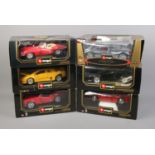 Six boxed Burago 1/18 scale diecast cars including Ferrari GTO, Lamborghini Countach, Lancia Aurelia