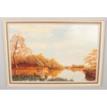 B.R.Ellis, framed oil on board. Depicting figure fishing in a lake. (49cm x 74cm)