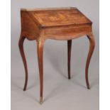 An early 20th century rosewood writing desk with marquetry inlaid drop down front, fitted interior