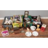 Four boxes of miscellaneous. Includes Rington's ceramic teddy bear barrel, cabinet plates, trophies,