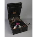 A His Masters Voice picnic gramophone with interior record tray. Working.