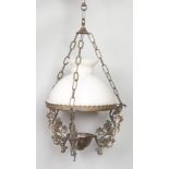 A hanging opaque glass ceiling light with tripod metal floral mounts.