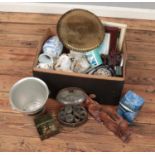 A box of miscellaneous. Includes carved wooden dragon, champagne bucket, metalwares etc.
