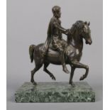 An early 20th century French bronze sculpture, raised on verde marble plinth. Depicting an ancient