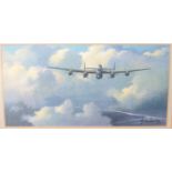 John V Rayson (1934-1995), a framed aviation watercolour of an Avro Lancaster in flight. 10cm x 20.