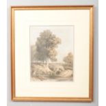John Varley (1778-1842), a gilt framed watercolour, landscape scene of a figure by a track leading
