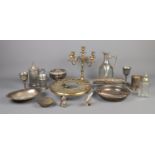 A good box of assorted metalwares, to include four branch candlestick, bird figures, brass kettle/