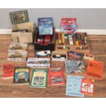 Three boxes of diecast and boxed model kits. Includes Lledo, Maisto, Burago, Hobby Model Kits,