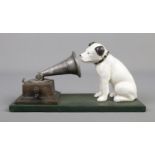 A cast iron ornamental figure formed as His Masters Voice dog and gramophone. Stamped Rogers Foundry