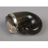 A small early 19th century Scottish horn snuff mull with hinged cover and white metal mounts. 7cm