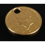 An 1852 gold United States of America 1 dollar coin. 1.56g Drill hole to top of coin.