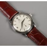 A gents stainless steel Omega Seamaster manual wristwatch. Having baton and Arabic numeral markers