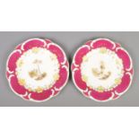Two Rockingham dessert plates with C-scroll moulded borders. Both having gilt, maroon and yellow