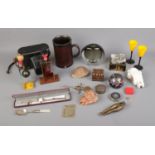 A quantity of collectables including two drinking birds, paperweight, Ingersoll wristwatch, sea