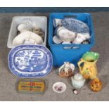 Two boxes of miscellaneous ceramics including Radford, vases, blue and white, etc.